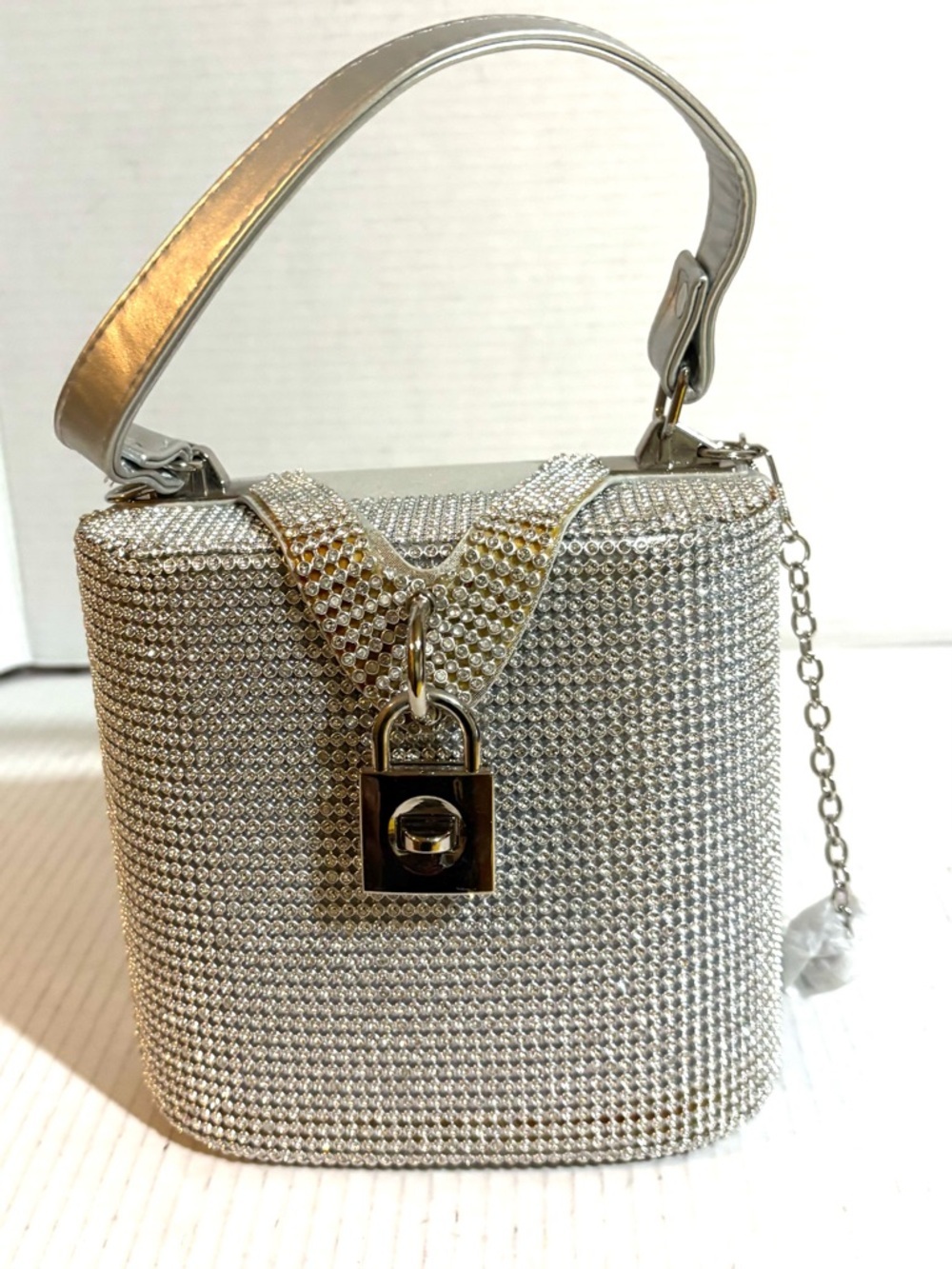 Silver Crystal Embellished Mini Box Bag with Top Handle